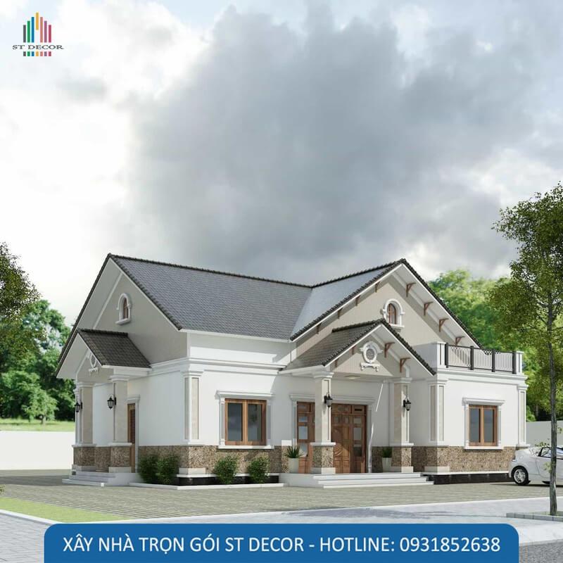 Mẫu nhà cấp 4 mái thái với diện tích 100m2 kết hợp màu ghi, be trang nhã, thu hút người nhìn