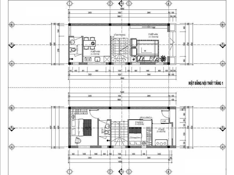 Bản vẽ mặt bằng chi tiết của mẫu nhà ống 2 tầng