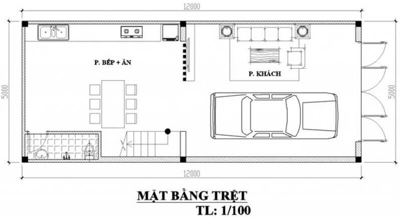Bản vẽ mặt bằng tầng trệt của ngôi nhà 1 trệt 1 lầu kích thước 5x12m