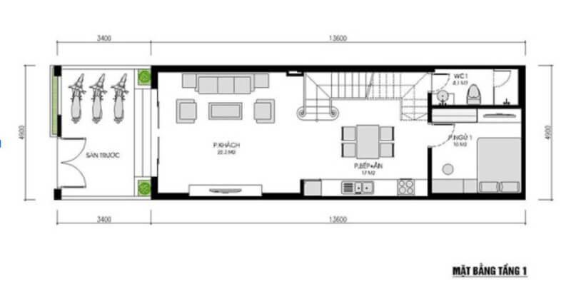 Bản vẽ thiết kế mặt bằng lầu 1 của nhà 1 trệt 1 lầu 5x14m