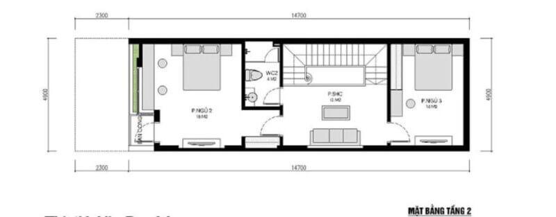 Bản vẽ thiết kế mặt bằng lầu 2 của nhà 1 trệt 1 lầu 5x14m