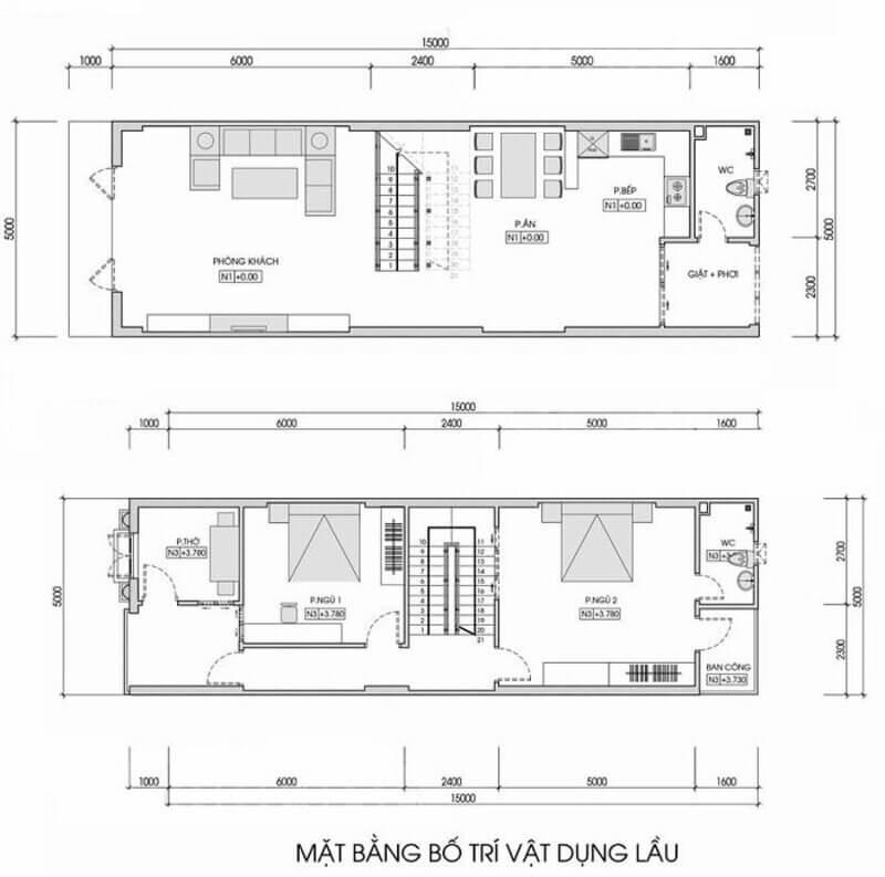 Bản vẽ mặt bằng chi tiết thiết kế của ngôi nhà 1 trệt 1 lầu kích thước 5x15m