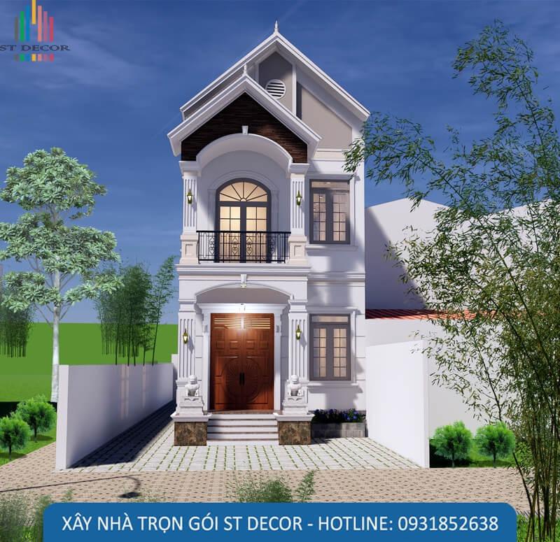 Mẫu nhà 1 trệt 1 tầng có hệ thống cột đối xứng, giúp căn nhà hài hòa hơn