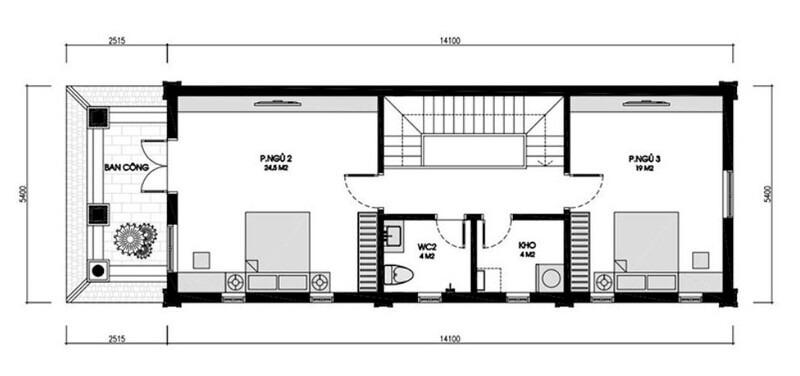 Bản vẽ mặt bằng mẫu lầu 2 của nhà phố 1 trệt 1 lầu mái thái