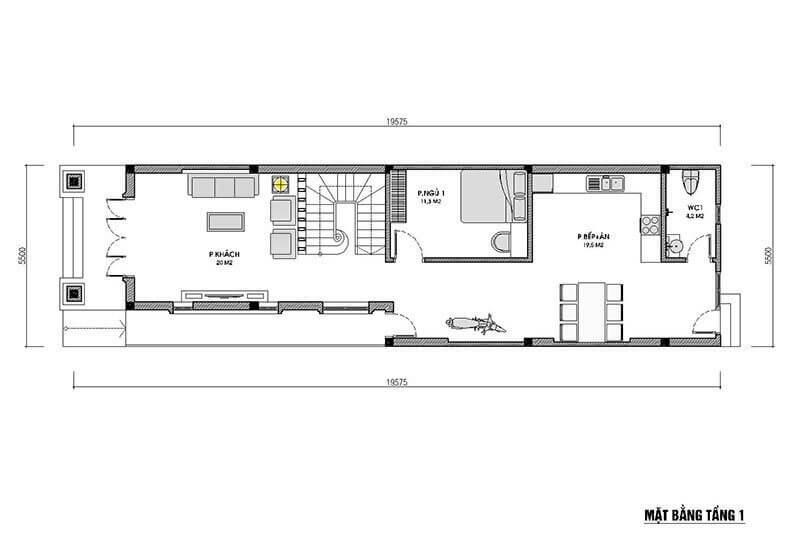 Bản vẽ mặt bằng mẫu lầu 1 của Mẫu nhà 1 trệt 1 lầu mái thái kích thước 5x20m