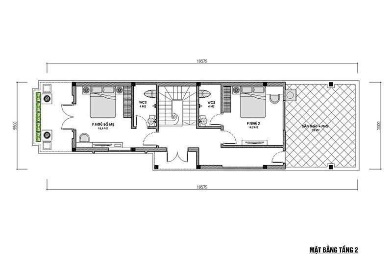 Bản vẽ mặt bằng mẫu lầu 2 của mẫu nhà 1 trệt 1 lầu mái thái kích thước 5x20m