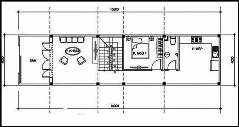 Bản vẽ mặt bằng công năng tầng trệt mẫu nhà 1 trệt 1 lầu 4x16