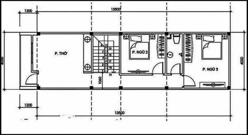 Bản vẽ mặt bằng công năng tầng lầu mẫu nhà 1 trệt 1 lầu 4x16