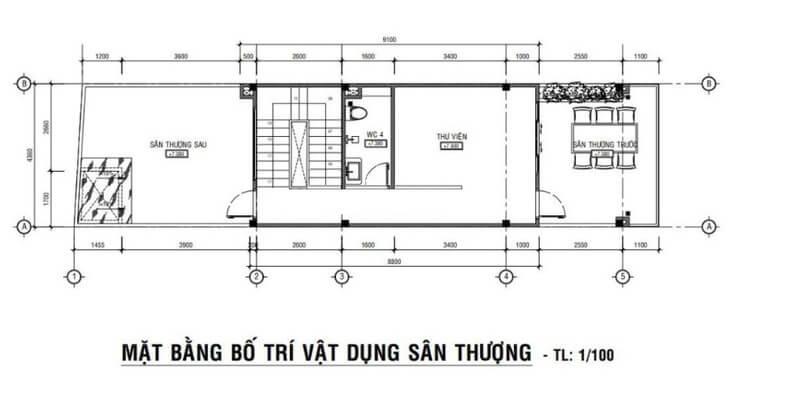 Bản vẽ mặt bằng bố trí vật dụng sân thượng mẫu nhà 1 trệt 1 lầu 4x16