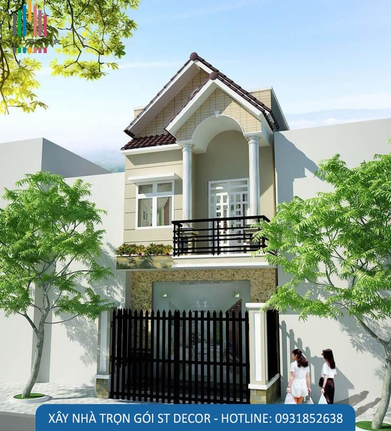 Mẫu nhà 1 trệt 1 lầu 6x20m được thiết kế hiện đại và sang trọng, điểm nhấn của ngôi nhà là mặt tường được ốp đá ca cấp, thoáng khí, cổng chính được làm bằng thép cao cấp