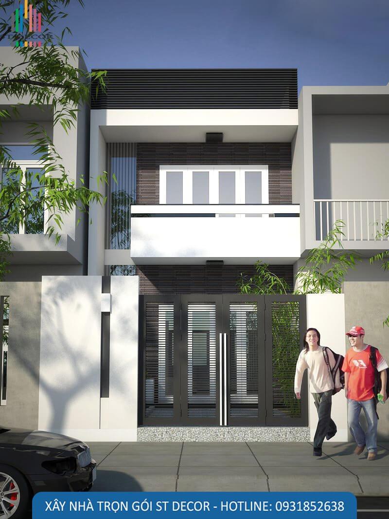 Mẫu nhà 1 trệt 1 lầu 6x20m với hai tông màu sáng tối kết hợp hài hòa với nhau, căn nhà được xây theo lỗi kiến trúc đơn giản nhưng hiện đại và độc đáo
