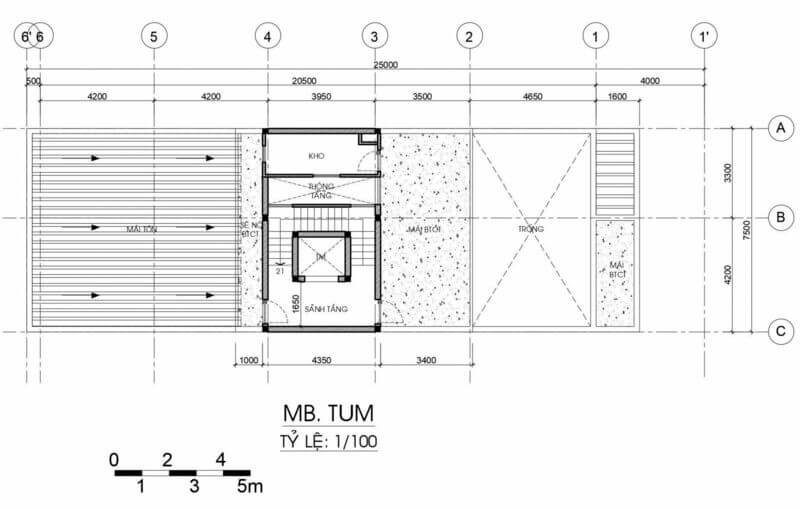 Bản vẽ tầng tum của mẫu nhà 1 trệt 1 lửng 1 lầu 1 sân thượng