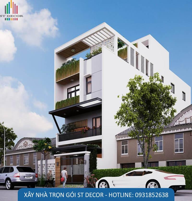 Mẫu 1: Thiết kế nhà 1 trệt 1 lửng 2 lầu mái bằng sang trọng và hiện đại