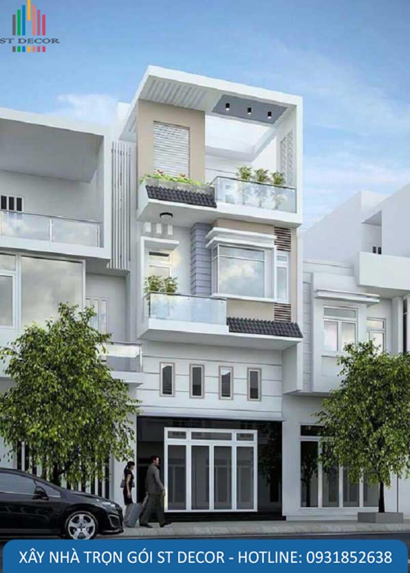 Mẫu 9: Mẫu nhà sử dụng màu trắng làm chủ đạo kết hợp với gạch ốp tường đen ở tầng trệt làm điểm nhấn