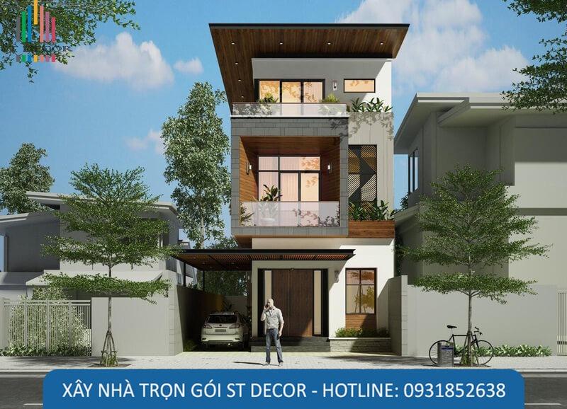Mẫu 12: Mẫu nhà 1 trệt 1 lửng 2 lầu sử dụng tông gỗ giúp ngôi nhà trở nên ấm áp, sang trọng