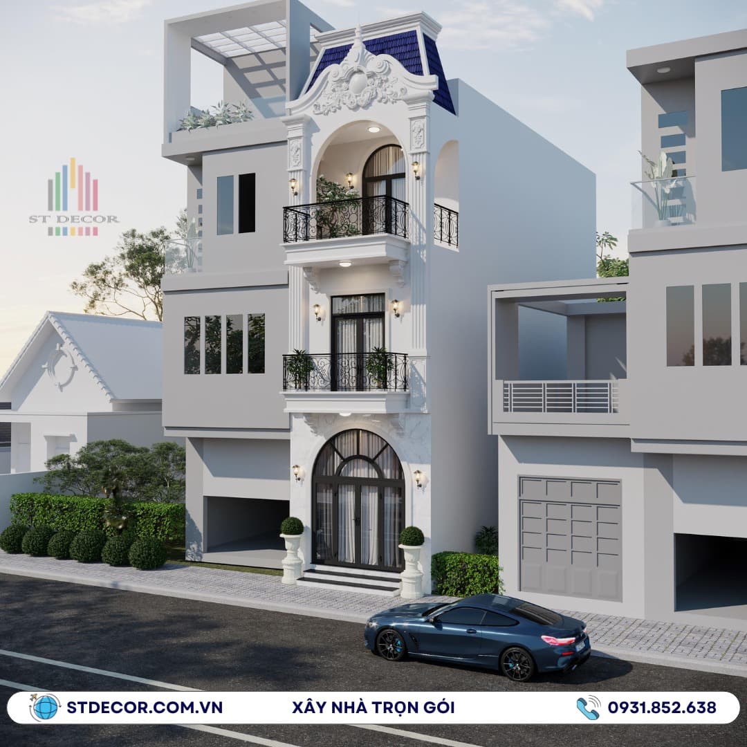 Mẫu thiết kế nhà ở Bình Dương tân cổ điển có sự tỉ mỉ trong từng chi tiết nhỏ như phào chỉ, trụ cột, hoa văn,..