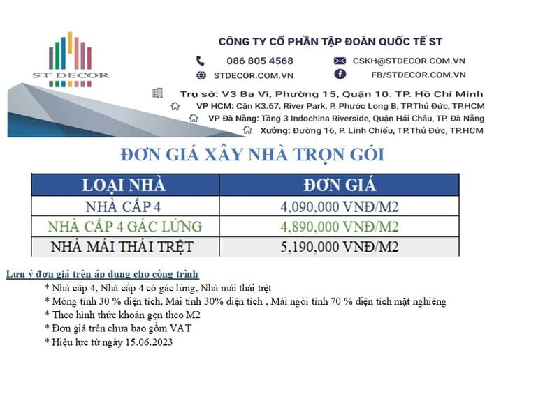 Bảng giá xây nhà trọn gói tại huyện Cầu Ngang tỉnh Trà Vinh
