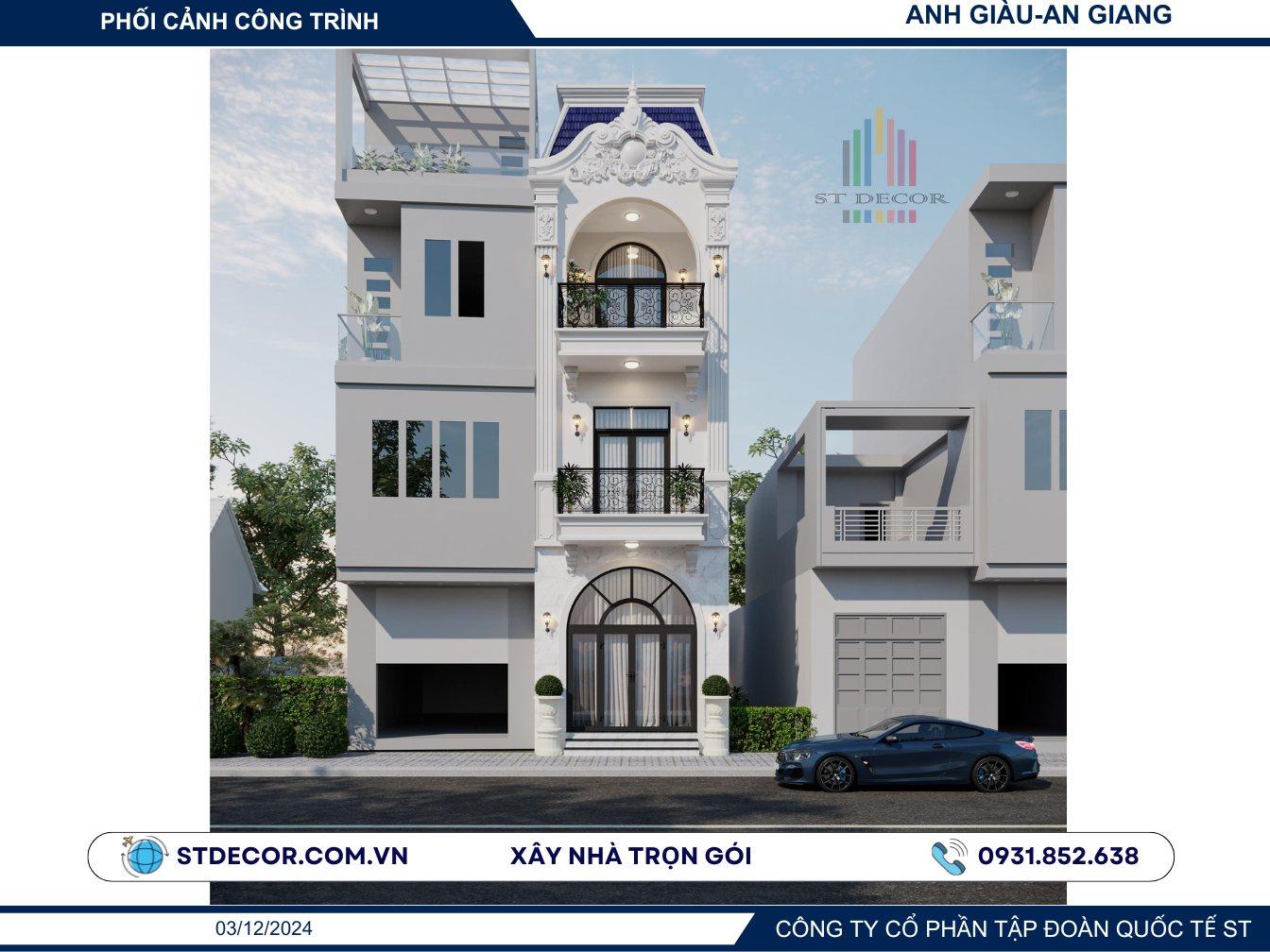 Công trình nhà phố 3 tầng phong cách tân cổ điển của Anh Giàu tại huyện Phú Tân tỉnh An Giang