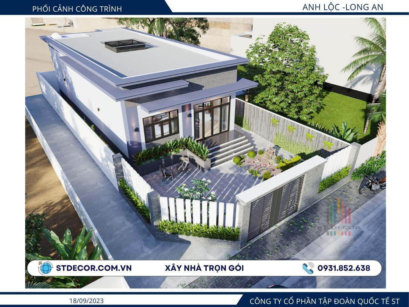 Công trình nhà ống cấp 4 mái bằng có sân vườn rộng rãi tại vùng nông thôn huyện Tân Thạnh