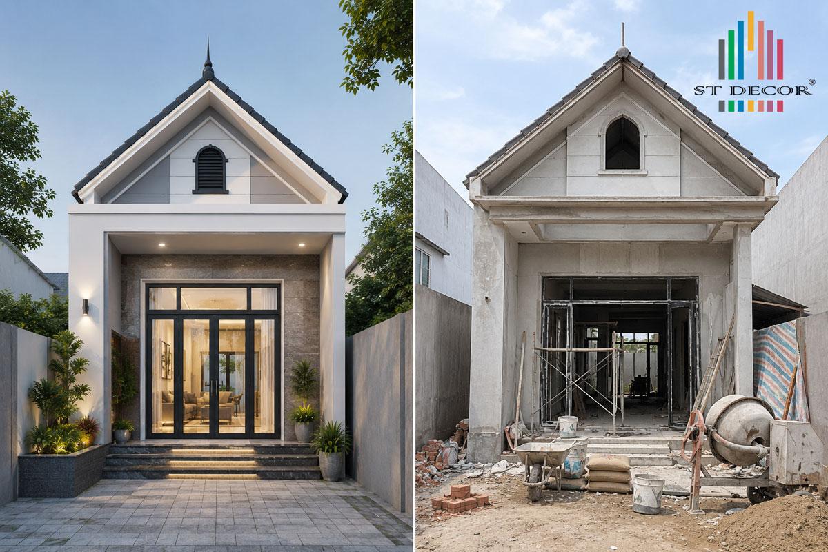 Dự án thi công nhà ống 1 tầng mái Thái 80m2 có 2 phòng ngủ