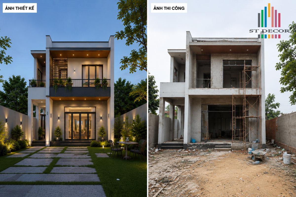Dự án xây nhà vuông 2 tầng đẹp có sân vườn rộng, mát trước nhà
