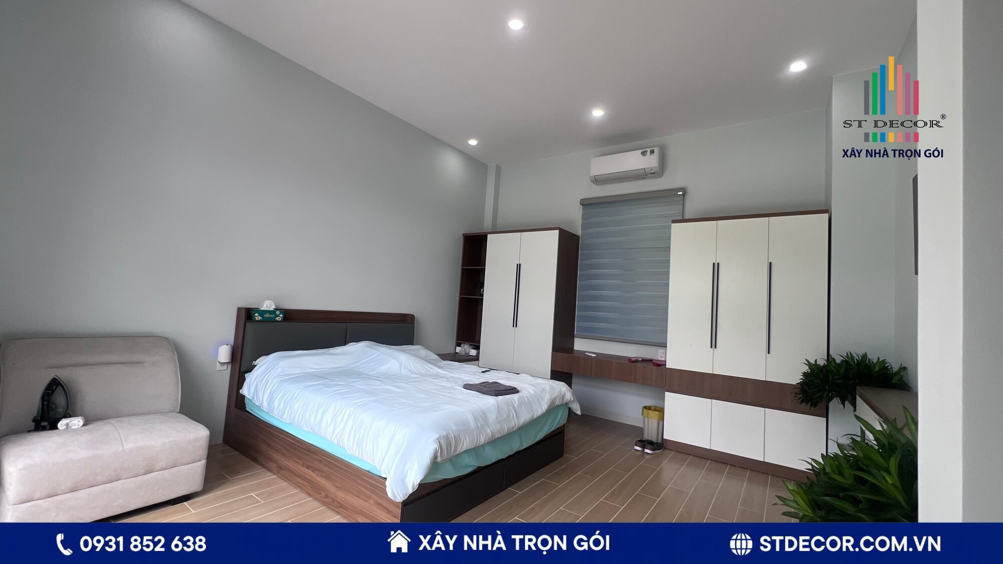 Phòng ngủ ấm cúng với nội thất gỗ cao cấp, tối ưu hóa không gian nghỉ ngơi thư giãn
